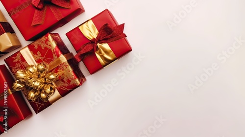 Christmas composition. Gifts, red decorations on white background. Christmas, winter, new year concept. Flat lay, top view, copy space. Generative Ai.