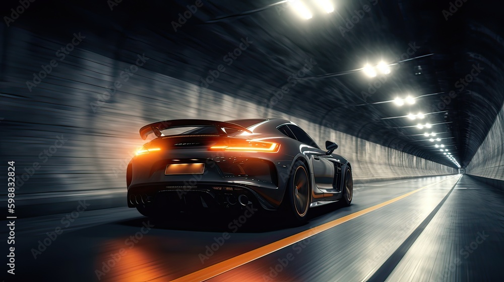 Futuristic Sports Car On Highway. Powerful acceleration of a supercar on a night track with lights and trails. 3d illustration. Generative Ai.	