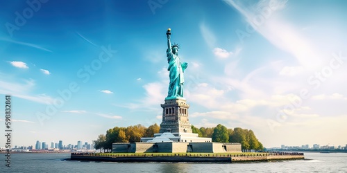 The Statue of Liberty free of tourists and New York City Downtown. Generative Ai. © Kowit