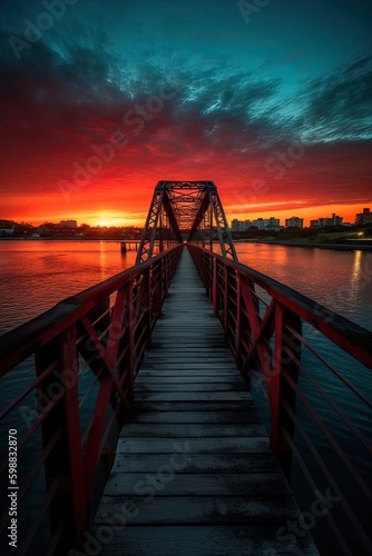 Wooden plank walkway leading to a beautiful sunset on the lake. Generative Ai.