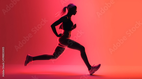 Silhouette of running athlete. Abstract image of sporty woman runner jogger on red-purple form lines, point background. Dynamic movement, vide view. Generative AI. High quality illustration © SERGEI