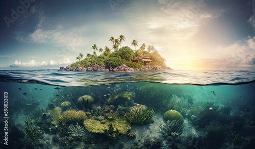 Tropical Island And Coral Reef - Split View With Waterline. Beautiful underwater view of lone small island above and below the water surface in turquoise waters of tropical ocean. Generative Ai.