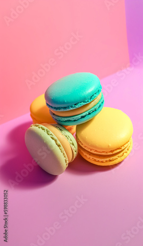Delicious, sweet tasty dessert. Pastel colorful macaroons, treat and dessert. Small cookies that bring happiness. Illustration, Generative AI.