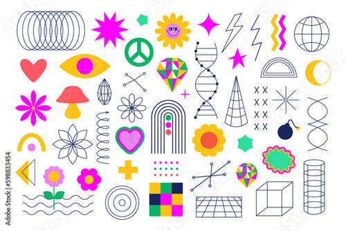 Set of modern geometric shapes. Trendy playful geometry. Line art, frames, flowers, figures. Y2k, abstract memphis graphic elements. Retro vintage concept for banner, poster, advertising, web, cards