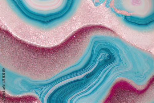 Pink and teal acrylic color liquid ink swirl abstract background with ravishing turbulence wavy pattern and detailed texture. Colorful and realistic dynamic texture by Generative AI. Generative AI