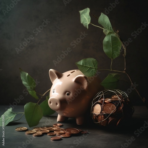 Saving money by putting a coin into piggy bank . Generative Ai.