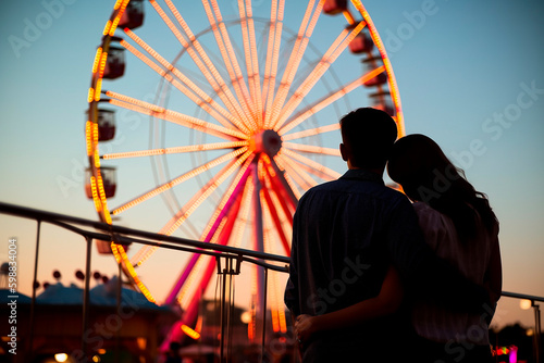 generative ai illustration of couple in love standing in front of ferris wheel