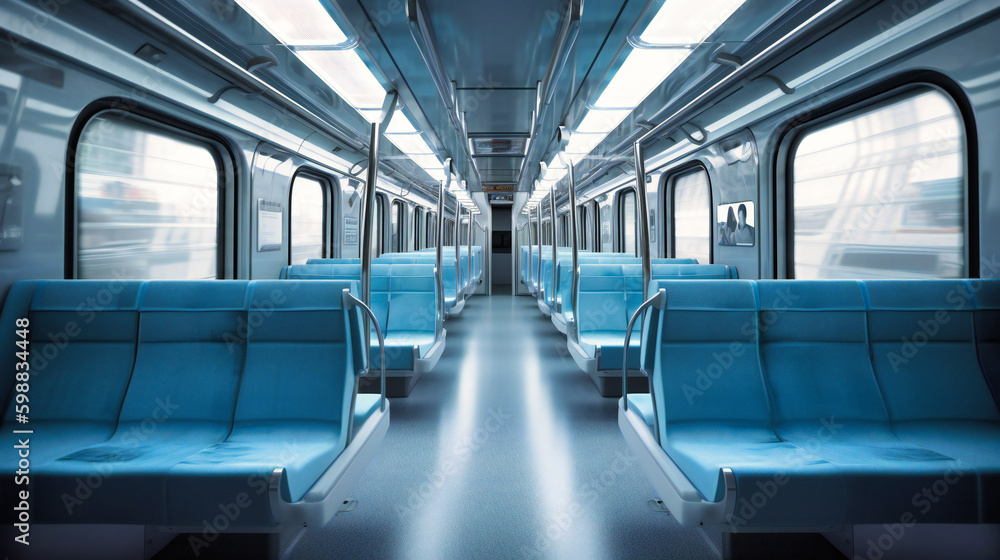 a picture of the inside of a train with blue seats