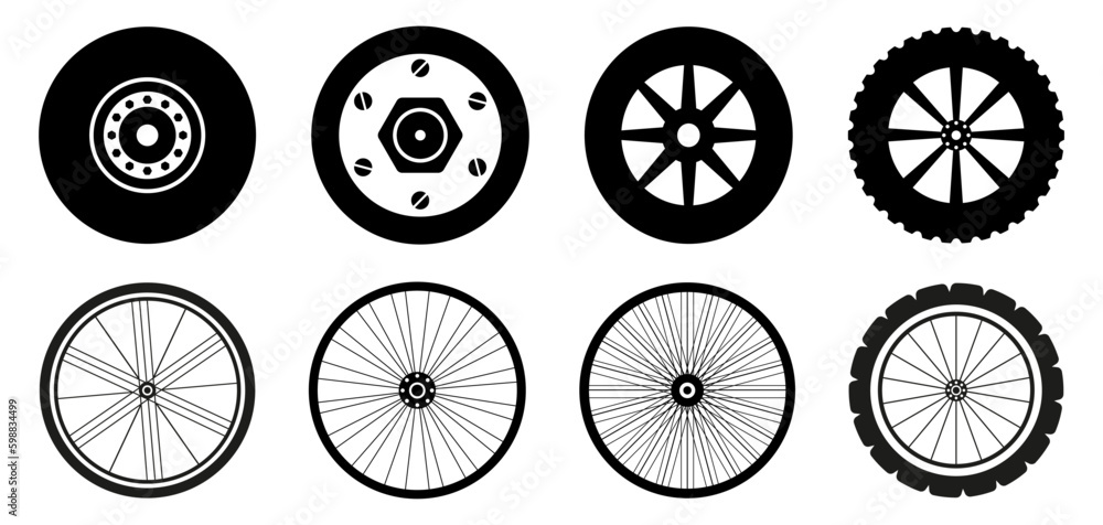 Wheel icons. Different wheels isolated on white background