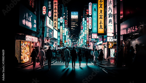 Japanese street with colorful neon signs lighting up the night, and people walking. Artistic. shallow depth of field, Illustrative Generative AI © henjon