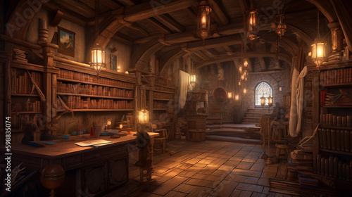 Spellbinding Fantasy Interior Illustration of a DnD Magical Bookstore - Generative AI