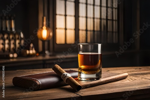 Handmade cuban cigar and glass of whiskey on a rustic wooden table isolated on dark