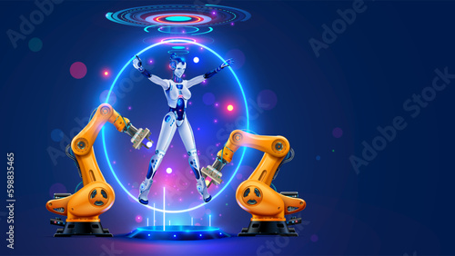 Robot cyborg with AI assembling on factory. Automation manufacturing, industry 4.0 concept. Artificial intelligence control industrial robotic arms on on robots factory. Modern technology of industry