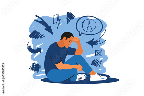 Mental disorder concept. Depression man. Stress, despair, anxiety disorder, fatigue. Vector illustration.