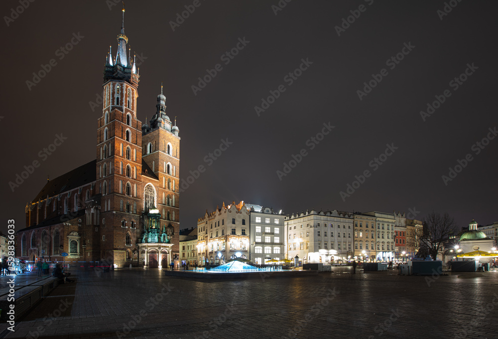 St. Mary's Basilica (Church of Our Lady Assumed into Heaven) in Krakow, Poland at night