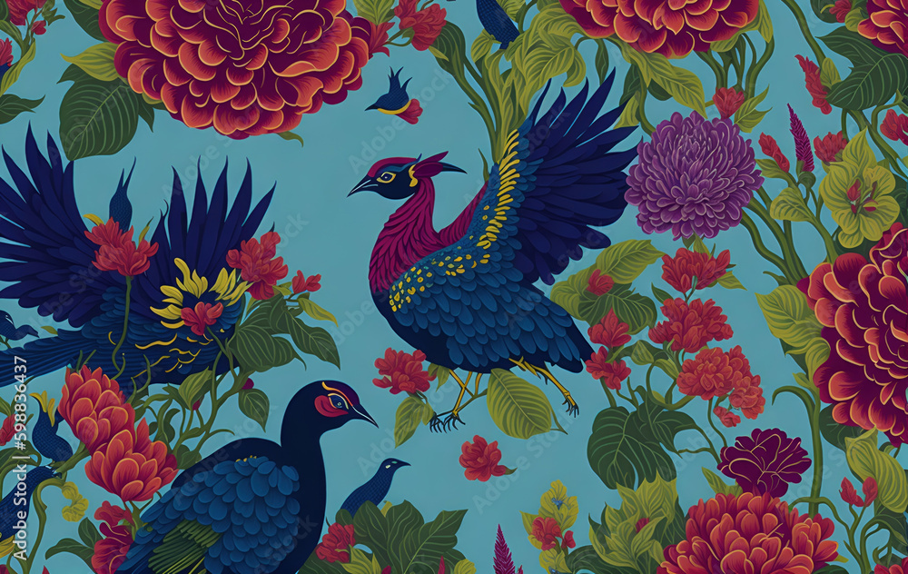 Exotic oriental pattern with peacocks and flowers Wallpaper. Multicolor floral with flower and bird wildlife peacocks interior mural wallpaper. Generative AI