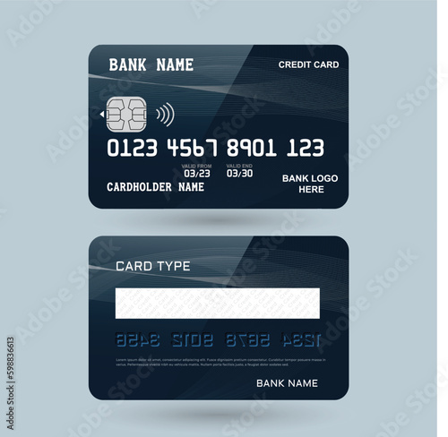 A black and blue bank card with a card that says bank name.