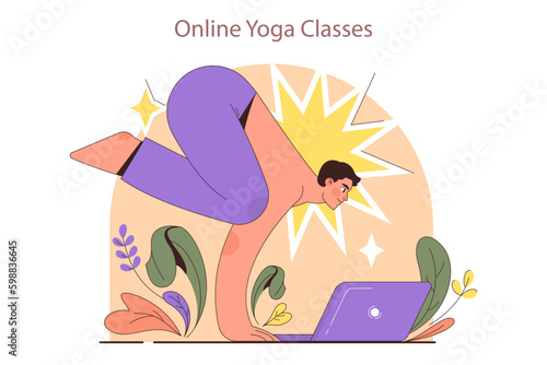 International yoga day. Man sportswear doing yoga with online class.