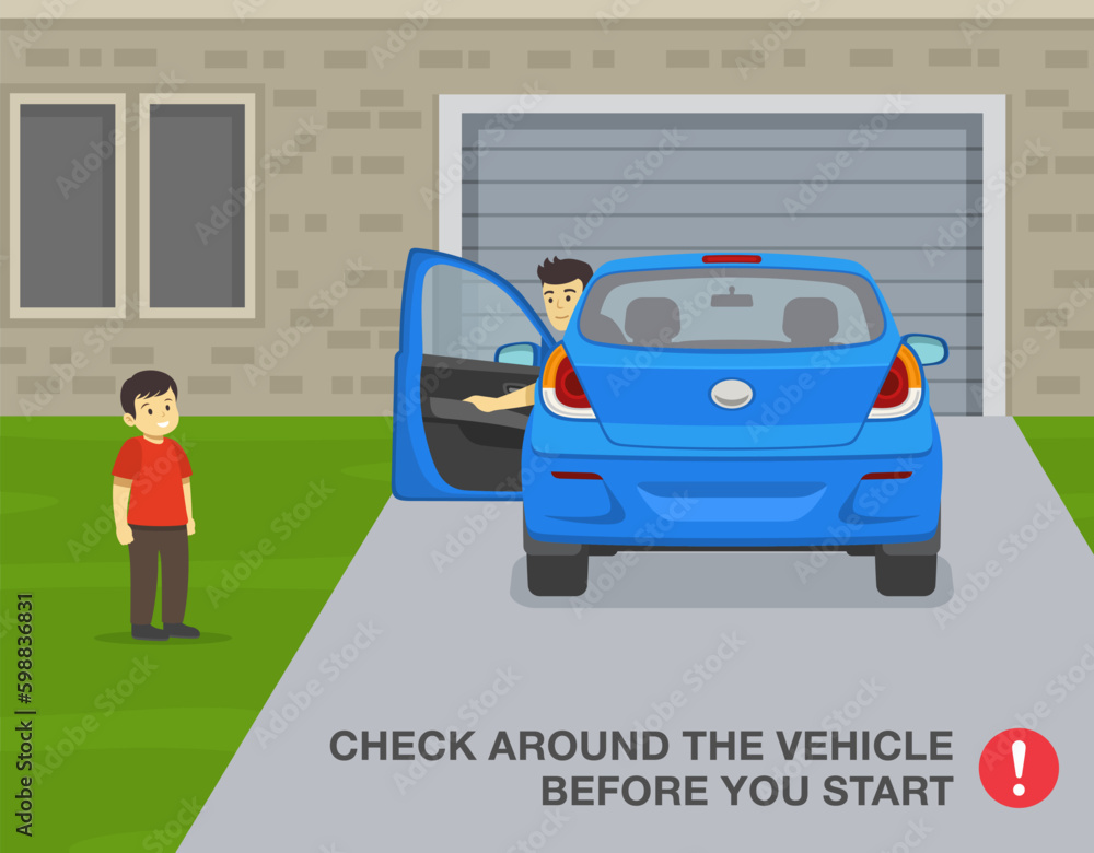 Safe driving tips and rules. Check around the vehicle before your start. Driver looks back before moving reverse in the driveway. Flat vector illustration template. Safe driving tips and rules. Check around the vehicle before your start. Driver looks back before moving reverse in the driveway. Flat vector illustration template.
