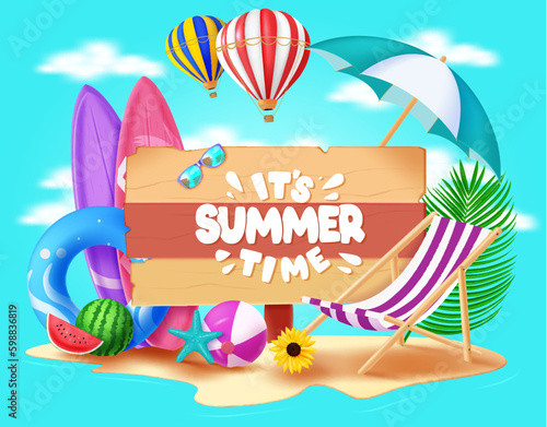 Summer time text vector design. It's summer time signage in wooden space with beach elements. Vector illustration holiday season template.
