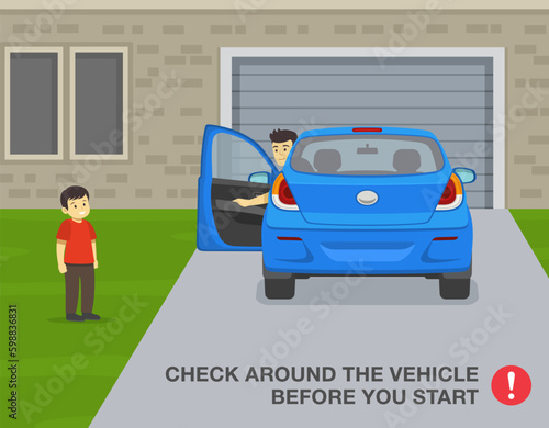 Safe driving tips and rules. Check around the vehicle before your start. Driver looks back before moving reverse in the driveway. Flat vector illustration template.