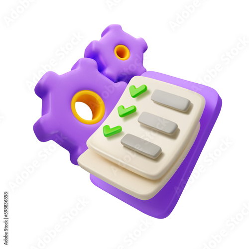 Vector 3d icon technical checklist. Todo list with gears and check marks. Cartoon render illustration isolated on white background