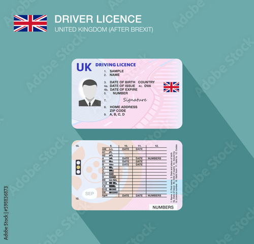 New United Kingdom car driver license identification after brexit. Flat vector illustration template. Great Britain.