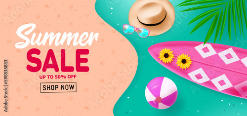 Summer sale text vector banner design. Beach elements with 50% off for summer season. Vector Illustration landscape background.