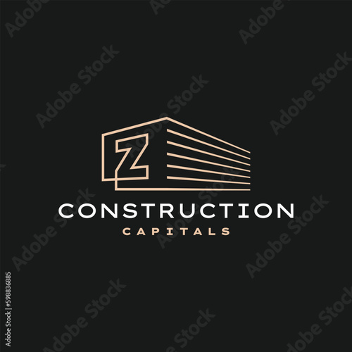 Z Letter Construction 3D Perspective Gold Outline Logo Vector Icon Illustration
