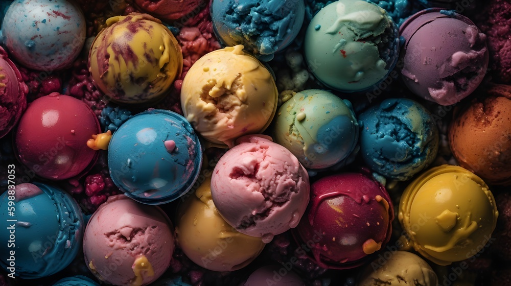 Colorful Ice Cream seamless background, Scoops of ice cream, assorted flavors. Scoops of ice cream seamless pattern. Background for poster, greeting cards, headers, banner, website. Ai Generative