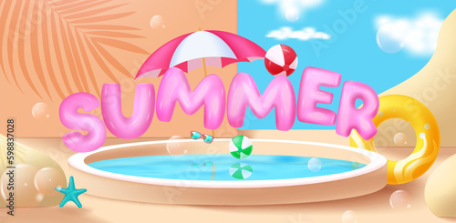 Summer 3d text vector design. Swimming pool with umbrella, floaters, beach ball and bubbles background. Vector illustration summer tropical season. 