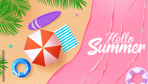Hello summer vector text design.  Summer greeting text in top view beach seashore background. Vector illustration tropical holiday season.