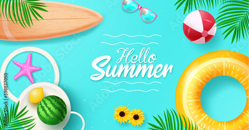 Summer hello text vector design. Summer with floater, beachball and surfboard beach elements. Vector illustration tropical season background.