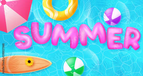 Summer 3d text vector design. Summer floaters in pink letters  with beach elements in swimming pool background. Vector illustration tropical holiday.