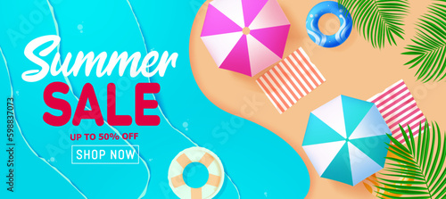 Summer sale vector banner design. Summer promotion text with 50% discount off with beach elements. Vector illustration seasonal design.