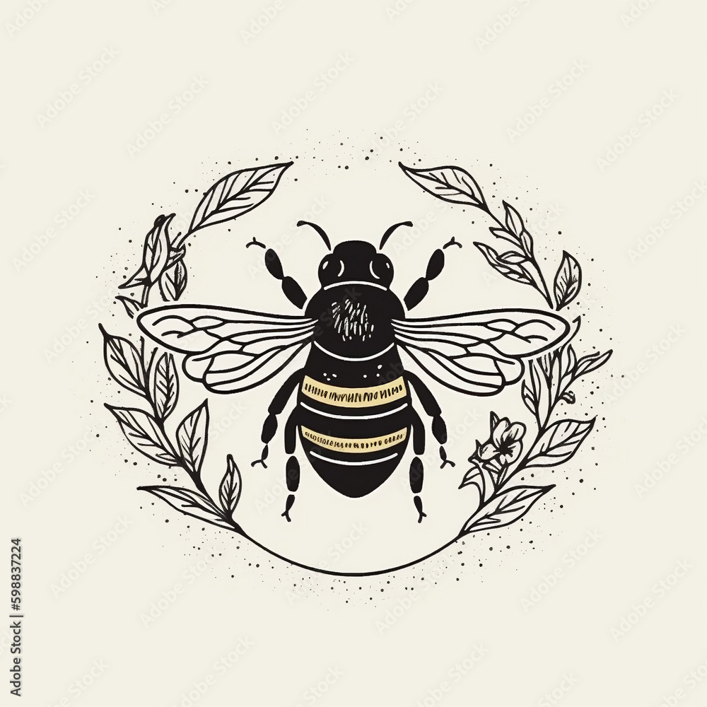 round, intricate and ornate bee logo emblem on solid background- Generative AI - obrazy, fototapety, plakaty 