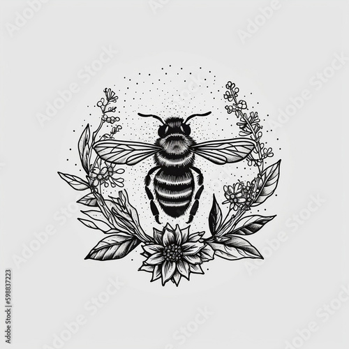 black and white intricate and ornate bee logo emblem - Generative AI