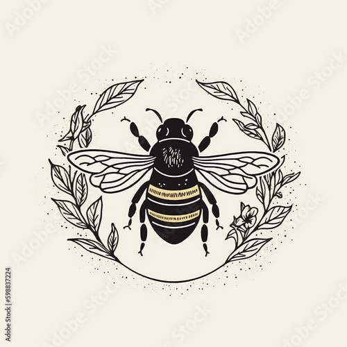 round, intricate and ornate bee logo emblem on solid background- Generative AI