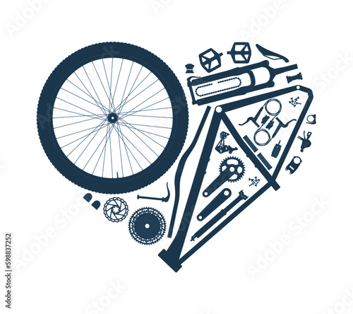 Vector heart formed by the individual parts of the bicycle. Isolated on white background.
