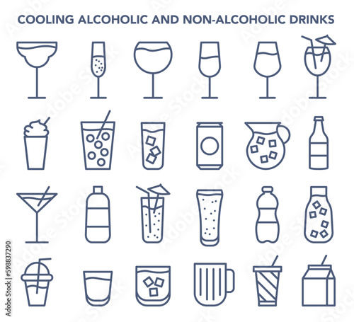 Drinks icons set. Juice packets, soda bottle or can, cocktails glass.