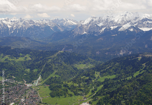 View from Kramerspitz mountain to Garmisch-Partenkirchen, Upper Bavaria, Germany