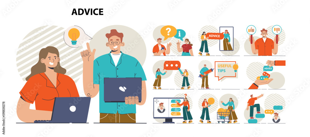 Advice concept set. Character or employee giving or taking a piece Advice concept set. Character or employee giving or taking a piece