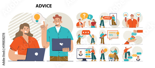 Advice concept set. Character or employee giving or taking a piece