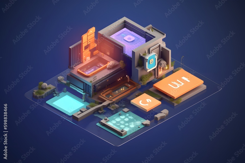 Isometric 3D interface, Toolkit-UI/UX scene creator. Mobile application design. Smartphone mockup with active blocks and connections. Ai generative