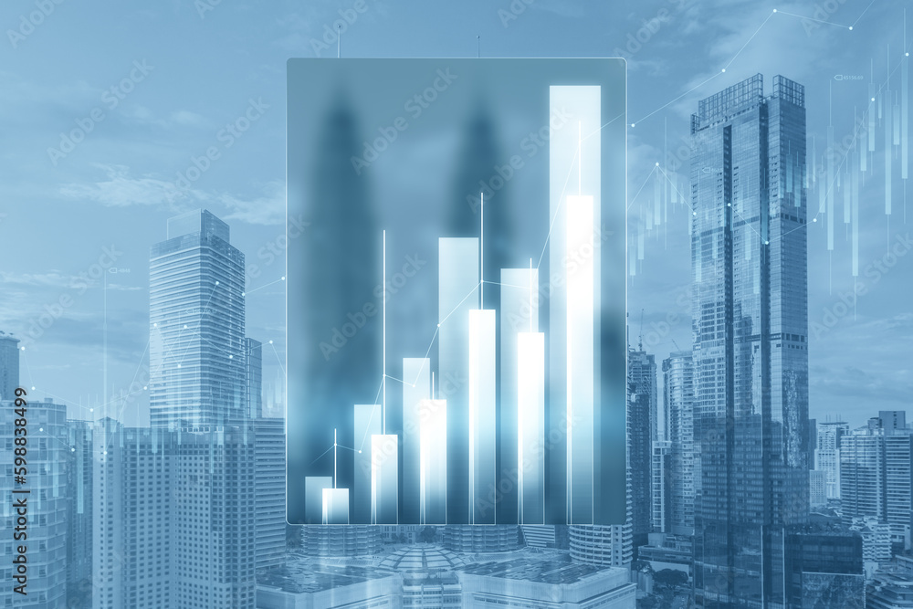 Abstract growing business chart tablet outline on blurry city backdrop. Trade, finance and investment concept. Double exposure.