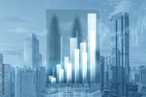 Abstract growing business chart tablet outline on blurry city backdrop. Trade  finance and investment concept. Double exposure.