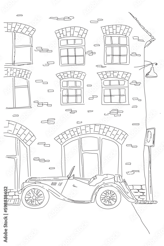Retro car stands on the background of a brick building. City. City sketch vector