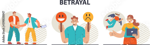 Betrayal concept set. Dishonest partnership or fake agreement. Hidden threat