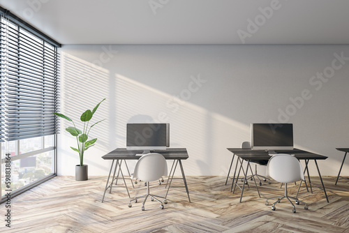 Modern coworking office interior with window and city view  blinds  workspaces and wooden flooring. 3D Rendering.