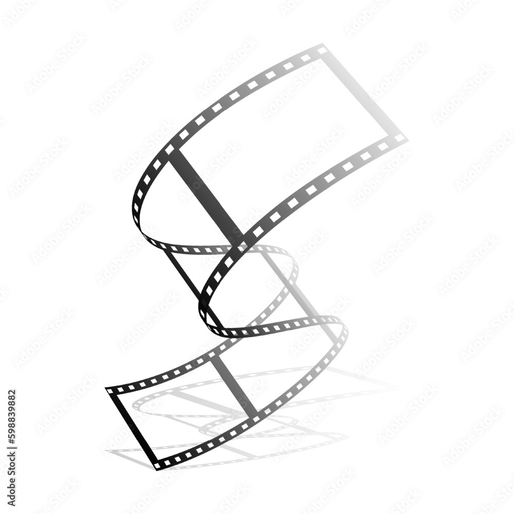 Winding movie film ribbon. Narrow strip of 35 mm tape. Classic film for cameras and movie cameras. Movie festival design element. 3d Vector isolated on white background